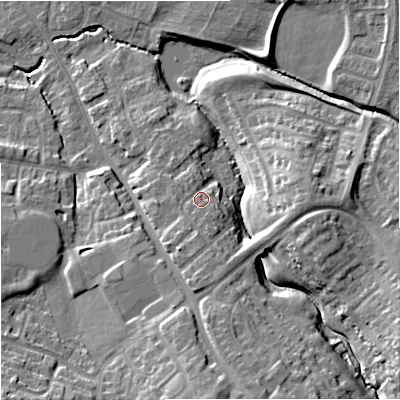 Shaded relief map of the ground around GL44AN, computed from Environment Agency LiDAR. The ground here sits at about 32 m above sea level and falls 20 m across the surrounding 800 m. Surface water reaching this point runs off ground lying to the south-south-west, 4.5 m higher.