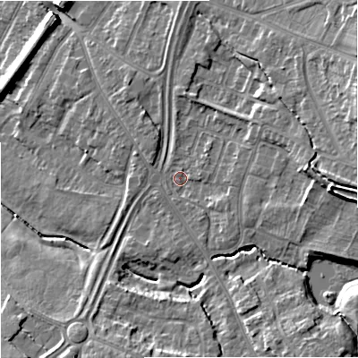 Shaded relief map of the ground around GL44AU, computed from Environment Agency LiDAR. The ground here sits at about 25 m above sea level and falls 14 m across the surrounding 800 m. Surface water reaching this point runs off ground lying to the east, 6.8 m higher.