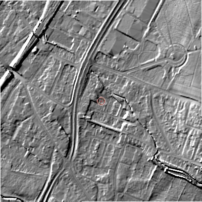 Shaded relief map of the ground around GL44AY, computed from Environment Agency LiDAR. The ground here sits at about 25 m above sea level and falls 16 m across the surrounding 800 m. Surface water reaching this point runs off ground lying to the east-south-east, 10.8 m higher.