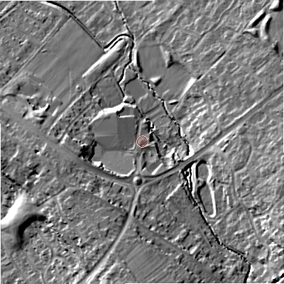 Shaded relief map of the ground around GL44BL, computed from Environment Agency LiDAR. The ground here sits at about 43 m above sea level and falls 22 m across the surrounding 800 m. Surface water reaching this point runs off ground lying to the south-south-west, 11.7 m higher.
