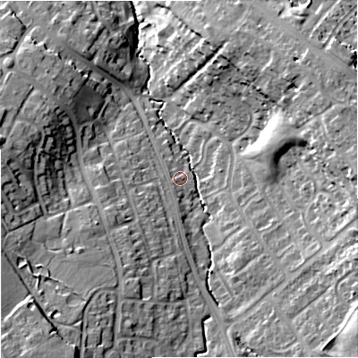 Shaded relief map of the ground around GL44DD, computed from Environment Agency LiDAR. The ground here sits at about 38 m above sea level and falls 23 m across the surrounding 800 m. Surface water reaching this point runs off ground lying to the west-south-west, 1.4 m higher.