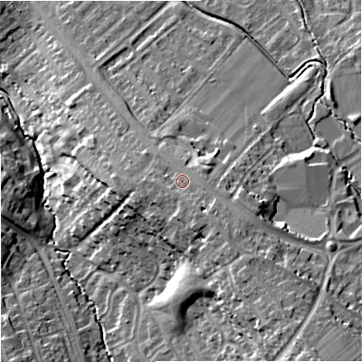 Shaded relief map of the ground around GL44DQ, computed from Environment Agency LiDAR. The ground here sits at about 48 m above sea level and falls 26 m across the surrounding 800 m. Surface water reaching this point runs off ground lying to the south-east, 3.7 m higher.