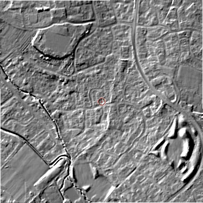 Shaded relief map of the ground around GL44DU, computed from Environment Agency LiDAR. The ground here sits at about 42 m above sea level and falls 18 m across the surrounding 800 m. Surface water reaching this point runs off ground lying to the east-south-east, 10.4 m higher.