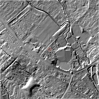 Shaded relief map of the ground around GL44FD, computed from Environment Agency LiDAR. The ground here sits at about 44 m above sea level and falls 23 m across the surrounding 800 m. Surface water reaching this point runs off ground lying to the south-south-west, 8.7 m higher.