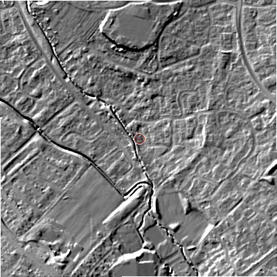 Shaded relief map of the ground around GL44GP, computed from Environment Agency LiDAR. The ground here sits at about 39 m above sea level and falls 19 m across the surrounding 800 m. Surface water reaching this point runs off ground lying to the east-south-east, 5.9 m higher.