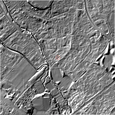 Shaded relief map of the ground around GL44GQ, computed from Environment Agency LiDAR. The ground here sits at about 42 m above sea level and falls 21 m across the surrounding 800 m. Surface water reaching this point runs off ground lying to the east-north-east, 3.4 m higher.