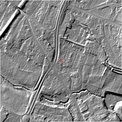 Shaded relief map of the ground around GL44LH, computed from Environment Agency LiDAR. The ground here sits at about 25 m above sea level and falls 14 m across the surrounding 800 m. Surface water reaching this point runs off ground lying to the east, 4.9 m higher.