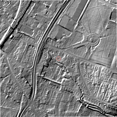 Shaded relief map of the ground around GL44LQ, computed from Environment Agency LiDAR. The ground here sits at about 27 m above sea level and falls 18 m across the surrounding 800 m. Surface water reaching this point runs off ground lying to the south-east, 2.9 m higher.