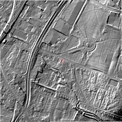 Shaded relief map of the ground around GL44LS, computed from Environment Agency LiDAR. The ground here sits at about 28 m above sea level and falls 18 m across the surrounding 800 m. Surface water reaching this point runs off ground lying to the south-east, 12.6 m higher.