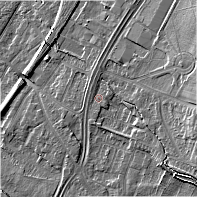 Shaded relief map of the ground around GL44LW, computed from Environment Agency LiDAR. The ground here sits at about 26 m above sea level and falls 15 m across the surrounding 800 m. Surface water reaching this point runs off ground lying to the east, 9.0 m higher.