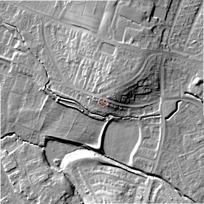 Shaded relief map of the ground around GL44NL, computed from Environment Agency LiDAR. The ground here sits at about 35 m above sea level and falls 17 m across the surrounding 800 m. Surface water reaching this point runs off ground lying to the north-east, 3.5 m higher.