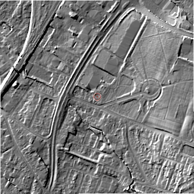 Shaded relief map of the ground around GL44PB, computed from Environment Agency LiDAR. The ground here sits at about 27 m above sea level and falls 18 m across the surrounding 800 m. Surface water reaching this point runs off ground lying to the east, 5.9 m higher.