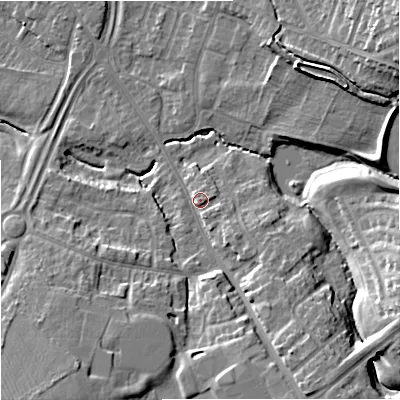 Shaded relief map of the ground around GL44PF, computed from Environment Agency LiDAR. The ground here sits at about 28 m above sea level and falls 20 m across the surrounding 800 m. Surface water reaching this point runs off ground lying to the south-west, 13.1 m higher.