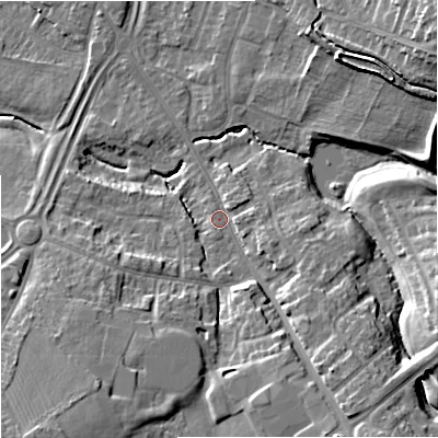 Shaded relief map of the ground around GL44PH, computed from Environment Agency LiDAR. The ground here sits at about 26 m above sea level and falls 20 m across the surrounding 800 m. Surface water reaching this point runs off ground lying to the south-west, 14.1 m higher.
