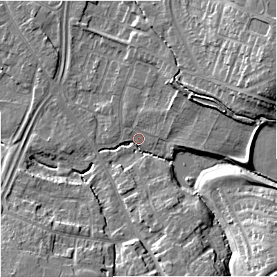 Shaded relief map of the ground around GL44PR, computed from Environment Agency LiDAR. The ground here sits at about 26 m above sea level and falls 19 m across the surrounding 800 m. Surface water reaching this point runs off ground lying to the south-east, 15.9 m higher.