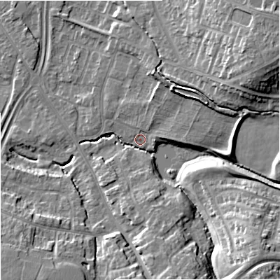Shaded relief map of the ground around GL44PS, computed from Environment Agency LiDAR. The ground here sits at about 26 m above sea level and falls 18 m across the surrounding 800 m. Surface water reaching this point runs off ground lying to the south-east, 15.4 m higher.