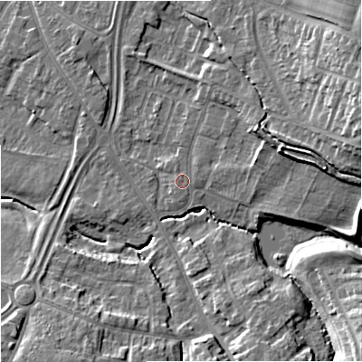 Shaded relief map of the ground around GL44PW, computed from Environment Agency LiDAR. The ground here sits at about 26 m above sea level and falls 18 m across the surrounding 800 m. The ground contributing surface water to this point lies to the east-south-east.