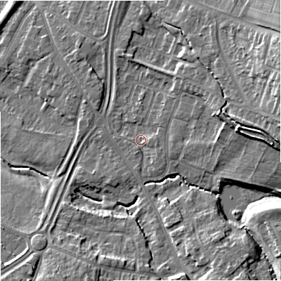 Shaded relief map of the ground around GL44PX, computed from Environment Agency LiDAR. The ground here sits at about 25 m above sea level and falls 16 m across the surrounding 800 m. Surface water reaching this point runs off ground lying to the east-north-east, 6.6 m higher.