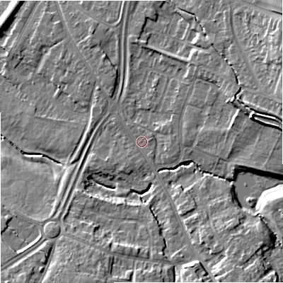 Shaded relief map of the ground around GL44PY, computed from Environment Agency LiDAR. The ground here sits at about 25 m above sea level and falls 15 m across the surrounding 800 m. Surface water reaching this point runs off ground lying to the east-north-east, 1.0 m higher.