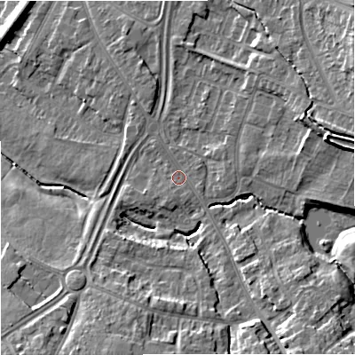 Shaded relief map of the ground around GL44PZ, computed from Environment Agency LiDAR. The ground here sits at about 25 m above sea level and falls 15 m across the surrounding 800 m. Surface water reaching this point runs off ground lying to the east-north-east, 1.0 m higher.