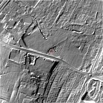 Shaded relief map of the ground around GL44RT, computed from Environment Agency LiDAR. The ground here sits at about 24 m above sea level and falls 18 m across the surrounding 800 m. Surface water reaching this point runs off ground lying to the south-south-west, 14.8 m higher.