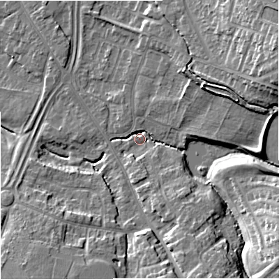 Shaded relief map of the ground around GL44SH, computed from Environment Agency LiDAR. The ground here sits at about 25 m above sea level and falls 19 m across the surrounding 800 m. Surface water reaching this point runs off ground lying to the south-east, 15.1 m higher.