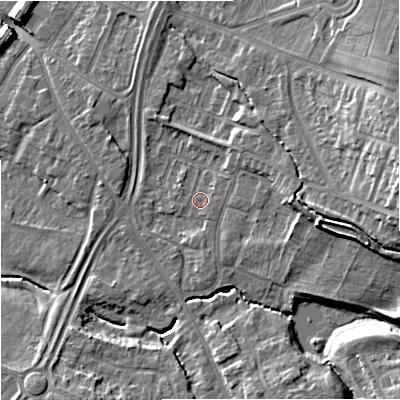Shaded relief map of the ground around GL44SS, computed from Environment Agency LiDAR. The ground here sits at about 25 m above sea level and falls 17 m across the surrounding 800 m. Surface water reaching this point runs off ground lying to the north-east, 1.2 m higher.
