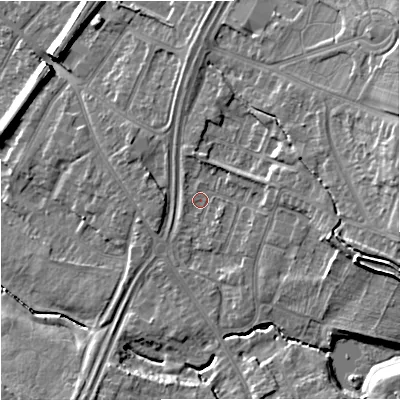 Shaded relief map of the ground around GL44ST, computed from Environment Agency LiDAR. The ground here sits at about 25 m above sea level and falls 15 m across the surrounding 800 m. Surface water reaching this point runs off ground lying to the east, 4.7 m higher.