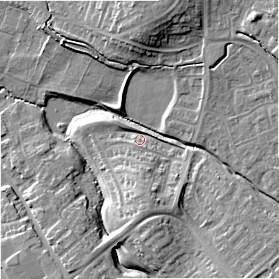 Shaded relief map of the ground around GL44TE, computed from Environment Agency LiDAR. The ground here sits at about 30 m above sea level and falls 17 m across the surrounding 800 m. Surface water reaching this point runs off ground lying to the south, 10.6 m higher.