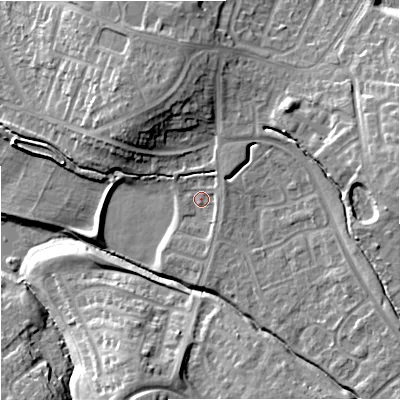 Shaded relief map of the ground around GL44TJ, computed from Environment Agency LiDAR. The ground here sits at about 31 m above sea level and falls 16 m across the surrounding 800 m. Surface water reaching this point runs off ground lying to the east-north-east, 4.7 m higher.