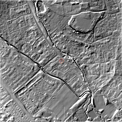 Shaded relief map of the ground around GL44WB, computed from Environment Agency LiDAR. The ground here sits at about 36 m above sea level and falls 18 m across the surrounding 800 m. Surface water reaching this point runs off ground lying to the east-south-east, 3.7 m higher.