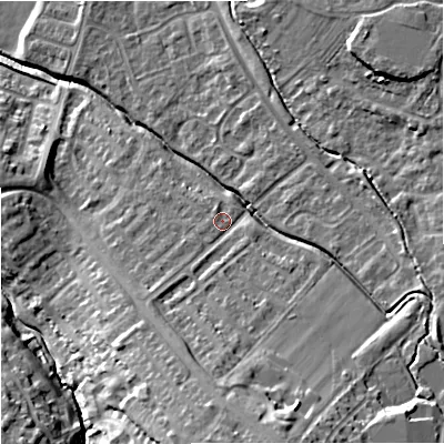 Shaded relief map of the ground around GL44WF, computed from Environment Agency LiDAR. The ground here sits at about 36 m above sea level and falls 23 m across the surrounding 800 m. Surface water reaching this point runs off ground lying to the south, 10.0 m higher.