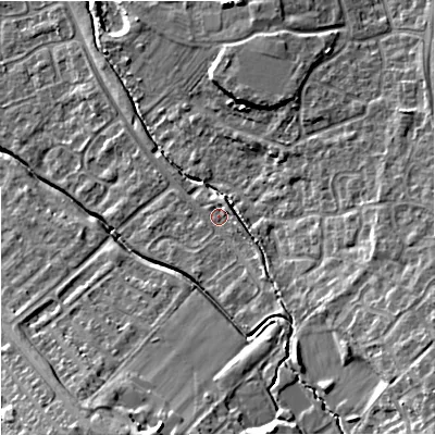 Shaded relief map of the ground around GL44WG, computed from Environment Agency LiDAR. The ground here sits at about 38 m above sea level and falls 18 m across the surrounding 800 m. Surface water reaching this point runs off ground lying to the east-south-east, 3.3 m higher.