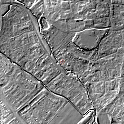 Shaded relief map of the ground around GL44WN, computed from Environment Agency LiDAR. The ground here sits at about 37 m above sea level and falls 16 m across the surrounding 800 m. Surface water reaching this point runs off ground lying to the east-south-east, 8.9 m higher.