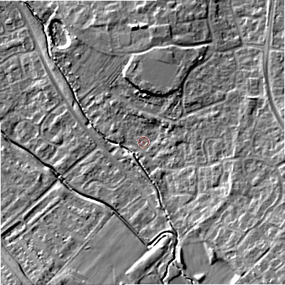 Shaded relief map of the ground around GL44WP, computed from Environment Agency LiDAR. The ground here sits at about 38 m above sea level and falls 18 m across the surrounding 800 m. Surface water reaching this point runs off ground lying to the east-south-east, 10.0 m higher.