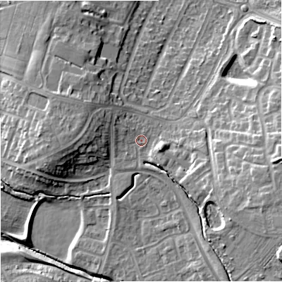 Shaded relief map of the ground around GL44WQ, computed from Environment Agency LiDAR. The ground here sits at about 34 m above sea level and falls 19 m across the surrounding 800 m. Surface water reaching this point runs off ground lying to the east-south-east, 9.7 m higher.