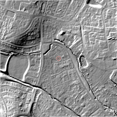 Shaded relief map of the ground around GL44WZ, computed from Environment Agency LiDAR. The ground here sits at about 32 m above sea level and falls 19 m across the surrounding 800 m. Surface water reaching this point runs off ground lying to the north-east, 3.4 m higher.