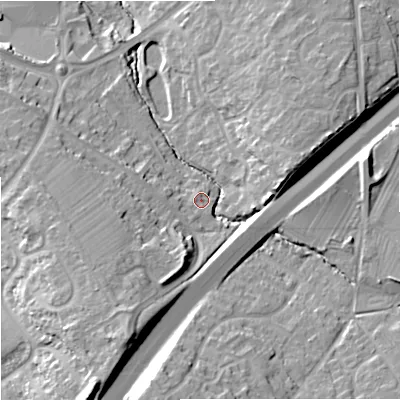 Shaded relief map of the ground around GL45JT, computed from Environment Agency LiDAR. The ground here sits at about 48 m above sea level and falls 22 m across the surrounding 800 m. Surface water reaching this point runs off ground lying to the south-west, 3.6 m higher.