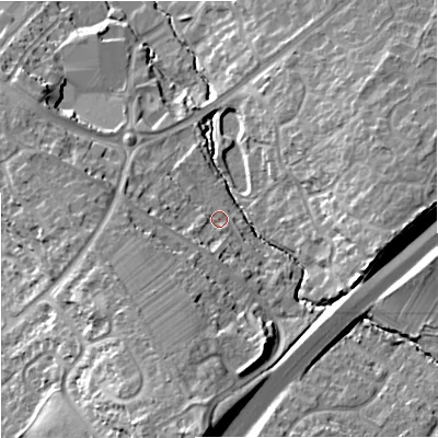 Shaded relief map of the ground around GL45JY, computed from Environment Agency LiDAR. The ground here sits at about 46 m above sea level and falls 21 m across the surrounding 800 m. Surface water reaching this point runs off ground lying to the south-south-west, 12.1 m higher.
