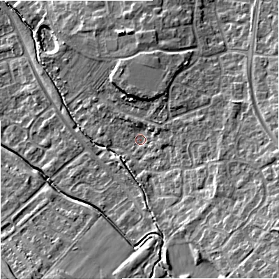 Shaded relief map of the ground around GL45TN, computed from Environment Agency LiDAR. The ground here sits at about 38 m above sea level and falls 18 m across the surrounding 800 m. Surface water reaching this point runs off ground lying to the east-north-east, 4.7 m higher.