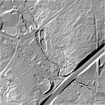 Shaded relief map of the ground around GL45UH, computed from Environment Agency LiDAR. The ground here sits at about 46 m above sea level and falls 21 m across the surrounding 800 m. Surface water reaching this point runs off ground lying to the east, 11.4 m higher.