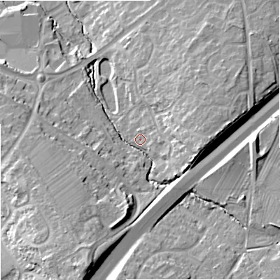 Shaded relief map of the ground around GL45UJ, computed from Environment Agency LiDAR. The ground here sits at about 46 m above sea level and falls 21 m across the surrounding 800 m. Surface water reaching this point runs off ground lying to the east, 10.8 m higher.
