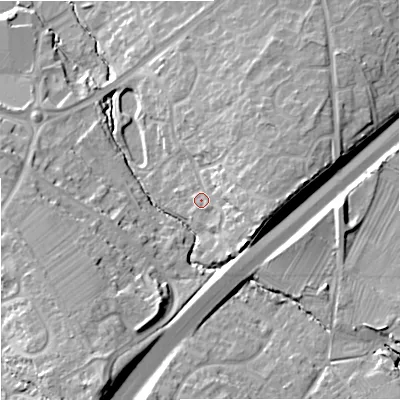 Shaded relief map of the ground around GL45UL, computed from Environment Agency LiDAR. The ground here sits at about 48 m above sea level and falls 21 m across the surrounding 800 m. Surface water reaching this point runs off ground lying to the east, 9.6 m higher.