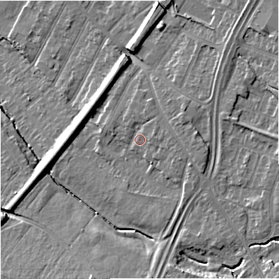 Shaded relief map of the ground around GL46BG, computed from Environment Agency LiDAR. The ground here sits at about 23 m above sea level and falls 13 m across the surrounding 800 m. Surface water reaching this point runs off ground lying to the south-south-west, 9.7 m higher.