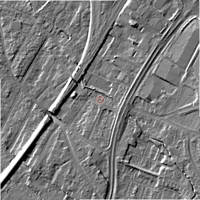 Shaded relief map of the ground around GL46BH, computed from Environment Agency LiDAR. The ground here sits at about 25 m above sea level and falls 11 m across the surrounding 800 m. Surface water reaching this point runs off ground lying to the east-south-east, 1.7 m higher.