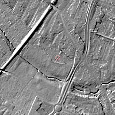 Shaded relief map of the ground around GL46GD, computed from Environment Agency LiDAR. The ground here sits at about 23 m above sea level and falls 15 m across the surrounding 800 m. Surface water reaching this point runs off ground lying to the east-north-east, 3.1 m higher.