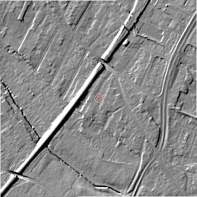 Shaded relief map of the ground around GL46GE, computed from Environment Agency LiDAR. The ground here sits at about 23 m above sea level and falls 11 m across the surrounding 800 m. Surface water reaching this point runs off ground lying to the east-south-east, 0.9 m higher.