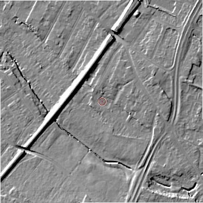 Shaded relief map of the ground around GL46GF, computed from Environment Agency LiDAR. The ground here sits at about 22 m above sea level and falls 13 m across the surrounding 800 m. Surface water reaching this point runs off ground lying to the south, 10.6 m higher.