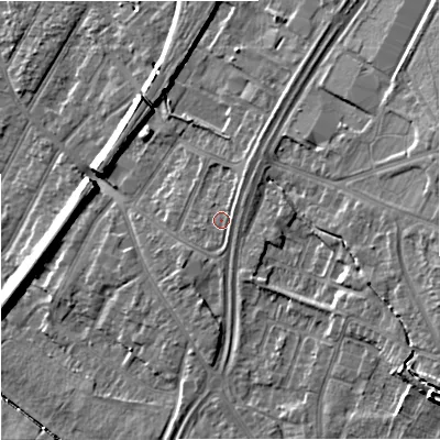 Shaded relief map of the ground around GL46PD, computed from Environment Agency LiDAR. The ground here sits at about 25 m above sea level and falls 14 m across the surrounding 800 m. Surface water reaching this point runs off ground lying to the east-north-east, 0.6 m higher.