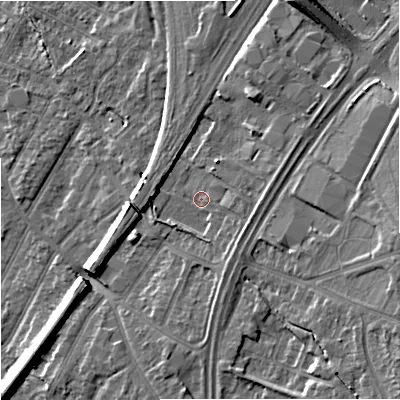 Shaded relief map of the ground around GL46PH, computed from Environment Agency LiDAR. The ground here sits at about 24 m above sea level and falls 11 m across the surrounding 800 m. Surface water reaching this point runs off ground lying to the south-south-east, 3.0 m higher.